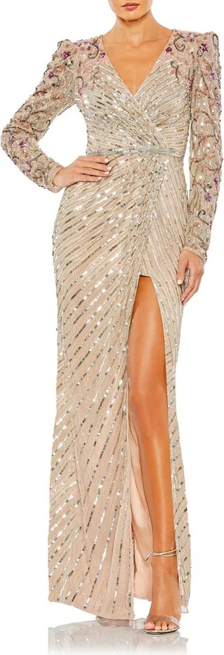 Mixed Sequin Wrap Front Long Sleeve Gown