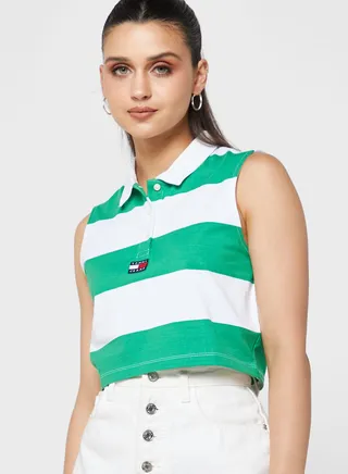 Striped Logo Polo Neck Top