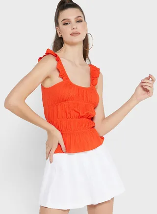 Ruffle Detail Shirred Crop Top