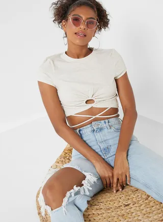 Crew Neck Tie Detail Ribbed Crop Top