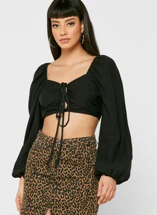 Halter Neck Balloon Sleeve Crop Top