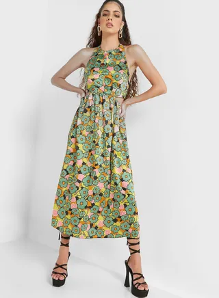 Floral Print Cut Out Detail Dress