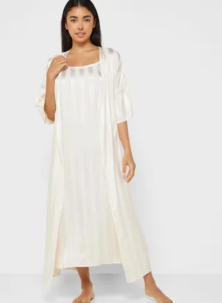 2 Piece Stripe Pyjama Set Night Robe & Dress