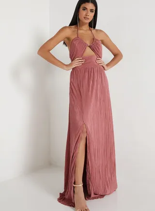 Halter Neck Front Split Cut Out Detail Dress