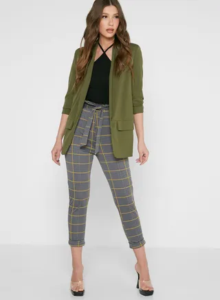 Checked Belt Detail High Waist Pants