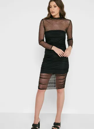 Ruched Mesh Detail Bodycon Dress