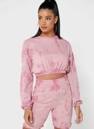 Tie Dye Gathered Hem Crop Sweatshirt