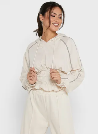 Shirred Waist Exposed Label Hoodie