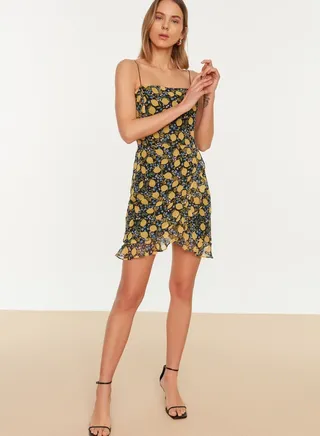 Strappy Ruffle Detail Printed Dress