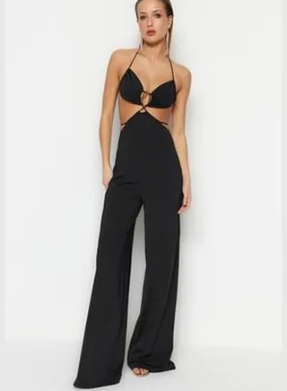 Black Lined Knitted Jumpsuit with Window/Cut Out Detail, biased TPRSS23TU00018