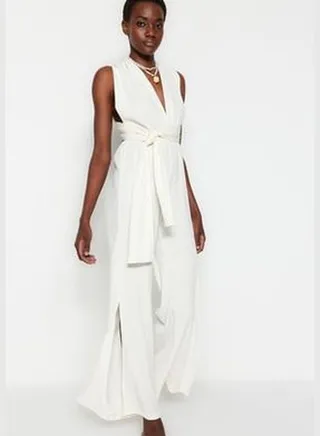 Woven Ecru Jumpsuit with Tie TBESS23TU00010
