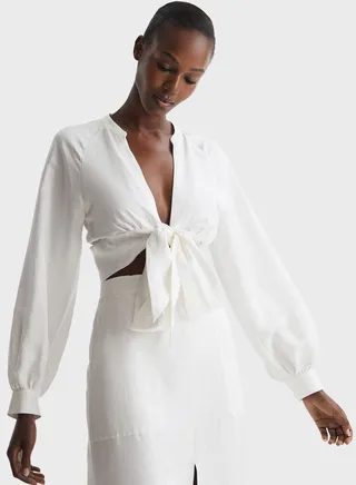 Balloon Sleeve Tie Detail Crop Top