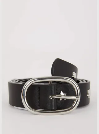Woman Oval Buckle Faux Leather Jean Belt