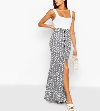 Button Front Floral Drop Hem Maxi Skirt