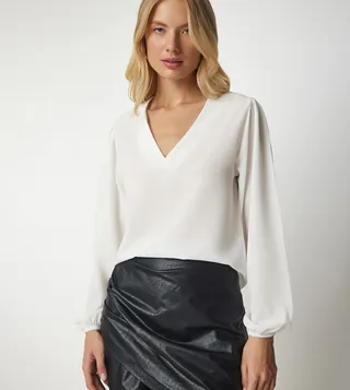 Solid V-Neck Crepe Top