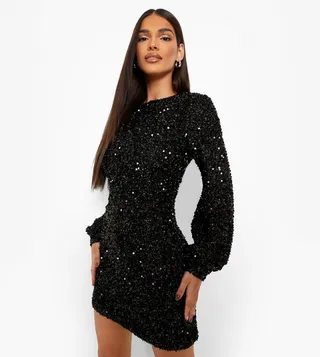 Sequin Blouson Sleeves Shift Party Dress