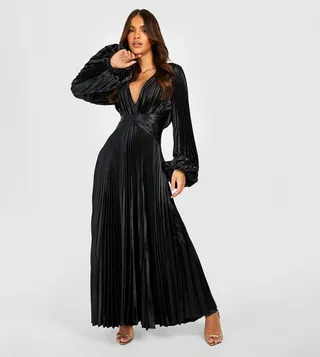 Pleated Satin Oversized Sleeves Midi Dress