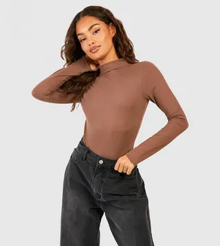 High Neck Ribbed Knit Bodysuit Top