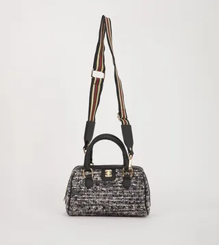Metal Accent Tweed Shoulder Bag