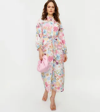 Floral Patterned Ruffle Detail Shirt Dress