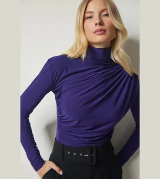 Solid Ruched High Neck Top