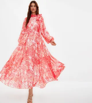 Floral Patterned Long Sleeves Flared Dress