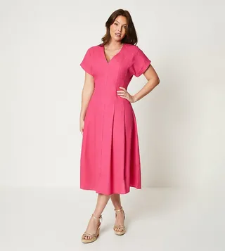 Linen Blend Pleat Detail Midi Dress