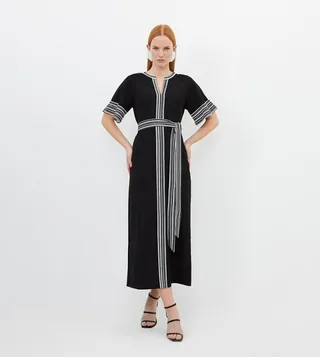 Contrast Twill Woven Belted Midaxi Dress