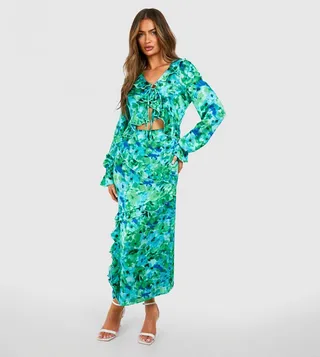 Floral Print Cut-Out Detail Ruffle Midaxi Dress