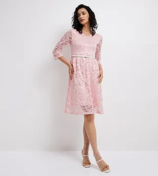 Belted V-Neck Lace Dress
