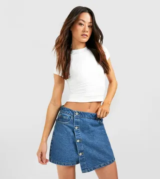Tall Blue Washed Button Wrap Denim Skort