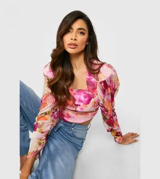 Printed Chiffon Long Sleeves Corset Top