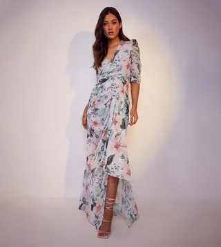 Maternity Occasion Floral Puff Sleeves Maxi Dress