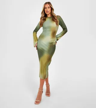 Printed Plisse Flare Sleeves Midaxi Dress