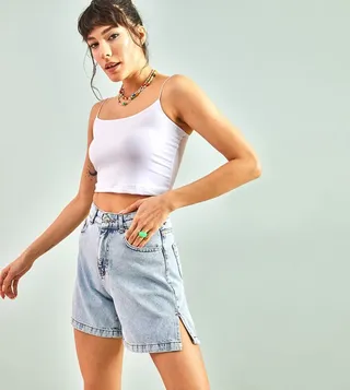 Faded Denim Shorts with Slit