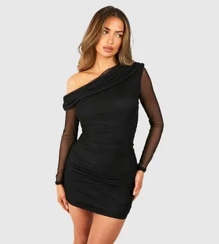 One Shoulder Ruched Mesh Mini Dress