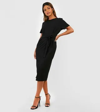 Crepe Pleat Front Belted Midi Dress