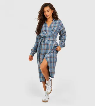 Check Wrap Midi Shirt Dress