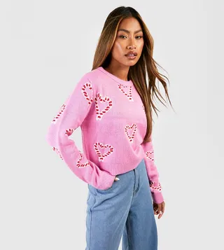 Heart Candy Cane Crop Christmas Sweater