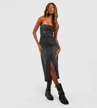 Denim Bandeau Split Front Midi Dress