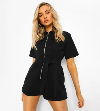 Belted Cargo Denim Romper