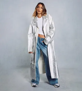 Metallic Silver Denim Belted Trench Coat