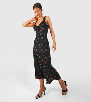 Cherry Printed Satin Midaxi Dress