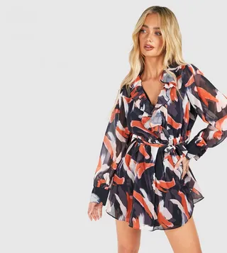 Abstract Frill Detail Belted Skater Dress