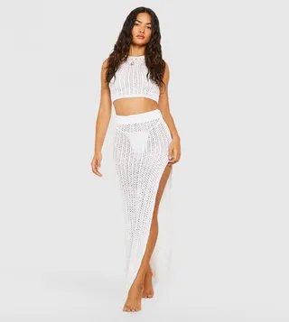 Crochet Crop Maxi Skirt Beach Co-Ord Set