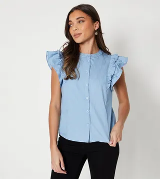 Petite Chambray Ruffle Lace Trim Top