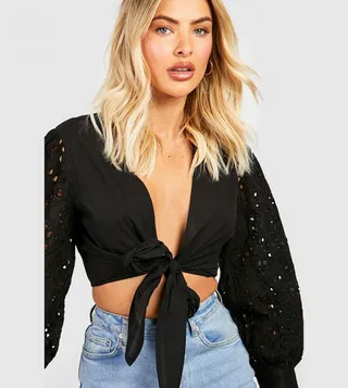 Broderie Sleeves Tie Front Crop Top
