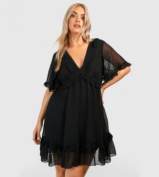 Dobby Mesh Ruffle Angel Sleeves Skater Dress