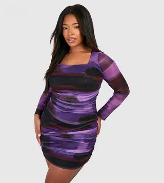 Square Neck Ruched Printed Mesh Bodycon Dress