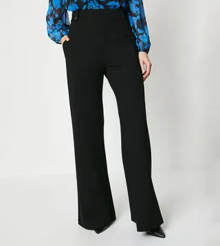 Ponte Wide Leg Pants with Waist Metal Trim Detail